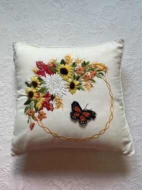 Vintage Embroidered Floral Butterfly Applique Decorative Pillow